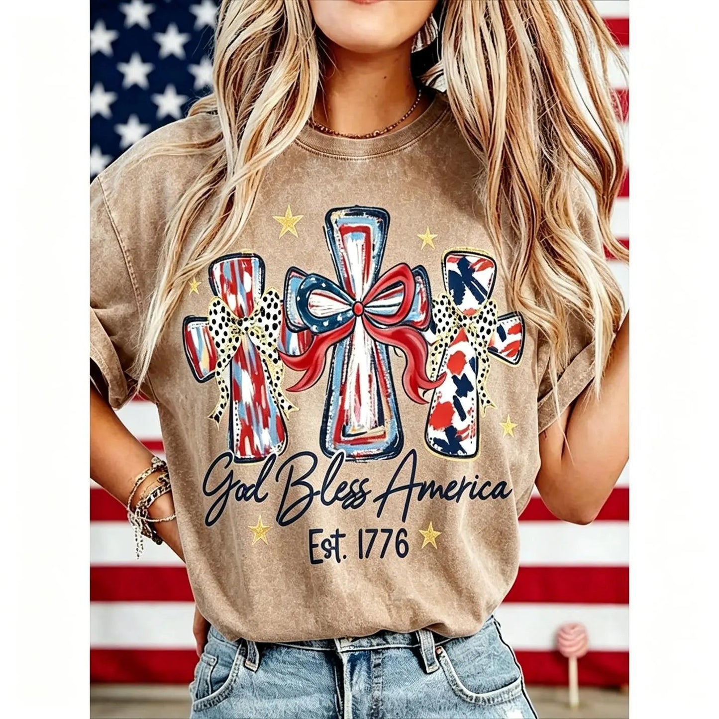 ⭐ God Bless America Women Washed T-Shirt - Vintage 250th Anniversary USA Gift Tee🎆